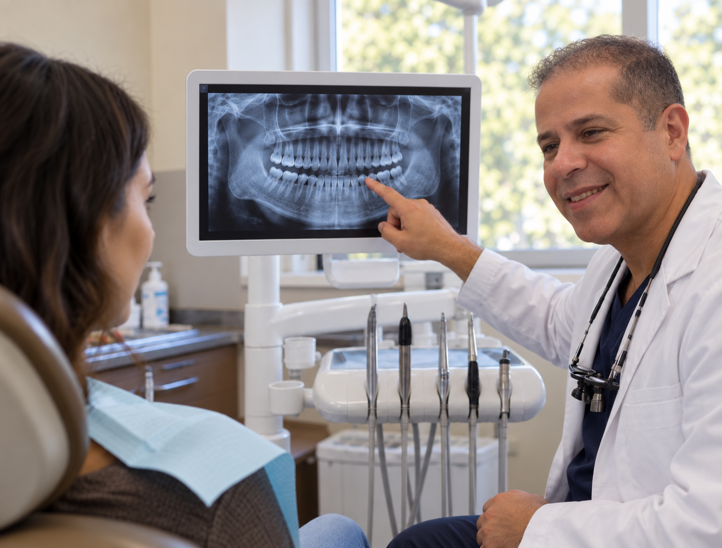 Dentist reviewing a digital dental X-ray with a patient